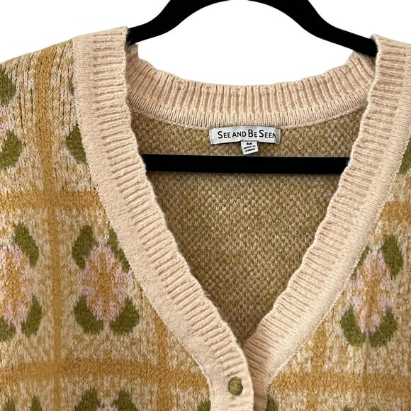 Seen And Be Seen Puffed Short Sleeve Cropped Jacquard Cardigan Sweater S… - Picture 3 of 10